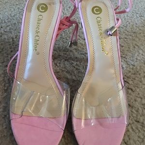 Brand New Pink/Clear Tie Up Heels Sz 7